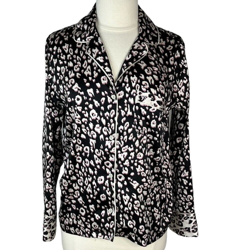 Victorias Secret Sleep Pajama Top Silky Womens Small Black Pink Button Front